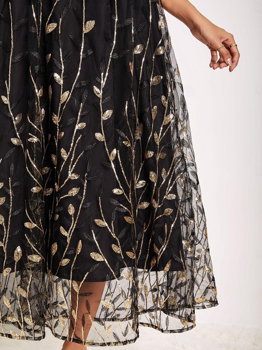 rochie midi de damă cu decolteu în V cu mânecă lungă cu model de ramuri aurii pur cu curea elegantă petrecere seară aur negru mărime întreagă 2025 - $99.99 –P3