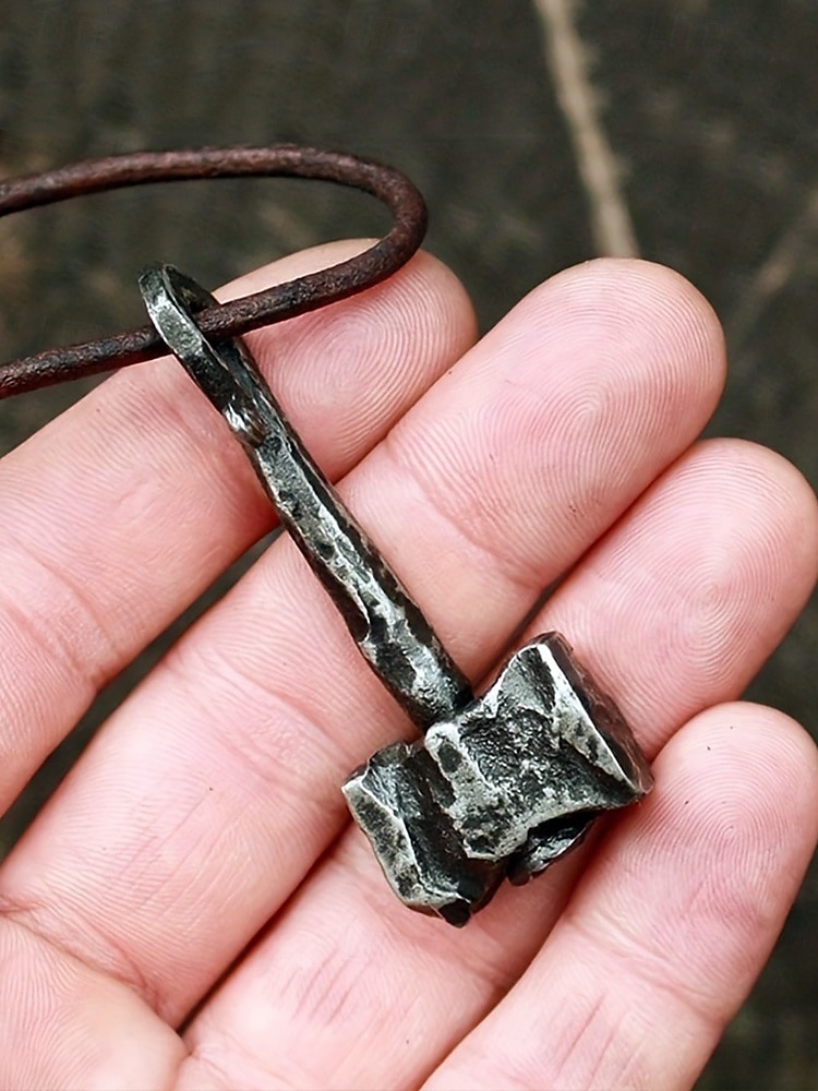 męski wiking naszyjnik z młotem thora – rustykalny żelazny amulet ze sznurkiem 2025 - $8.99 –P2