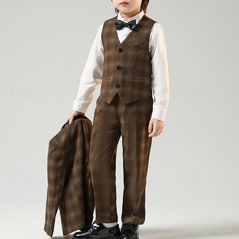 4 delar Ringbärarkostym Pojkar Barn Kostym Formell kostym Kostym och blazer Formellt set Formell Fest Mode Häftig Rutig Ficka Svart Kaffe Polyester 2025 - $88.99 –P7