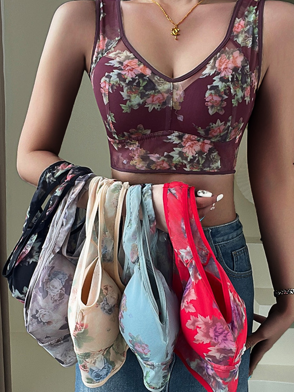 sutiã feminino de malha com estampa floral sutiã gráfico sem aro sem enchimento cobertura total sutiã moldado sólido para o dia a dia roupas para casa de 2025 por $14.99 –P3