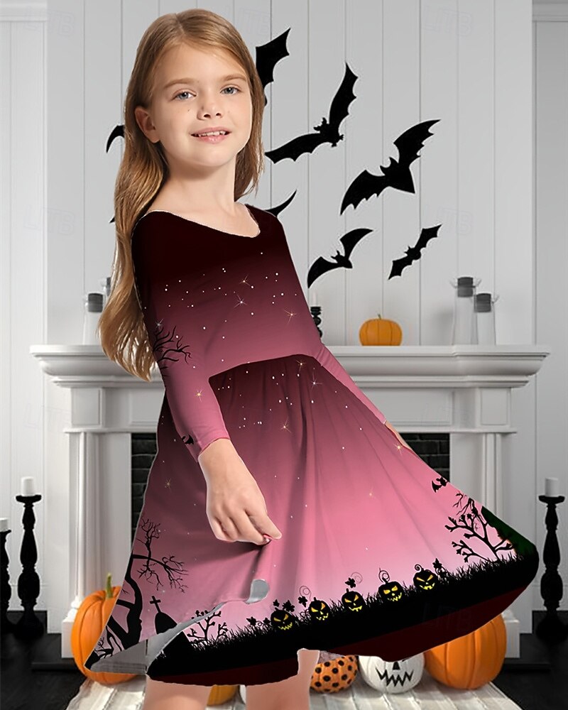 Dziewczyny ' 3D Graficzny Halloweenowa dynia Sukienka Długi rękaw Lato Wiosna Urlop Codzienny Święto Piękny Słodkie Dzieci 4-12 lat Codzienne sukienki Sukienka A line Do kolan Regularny 2025 - $16.99 –P3