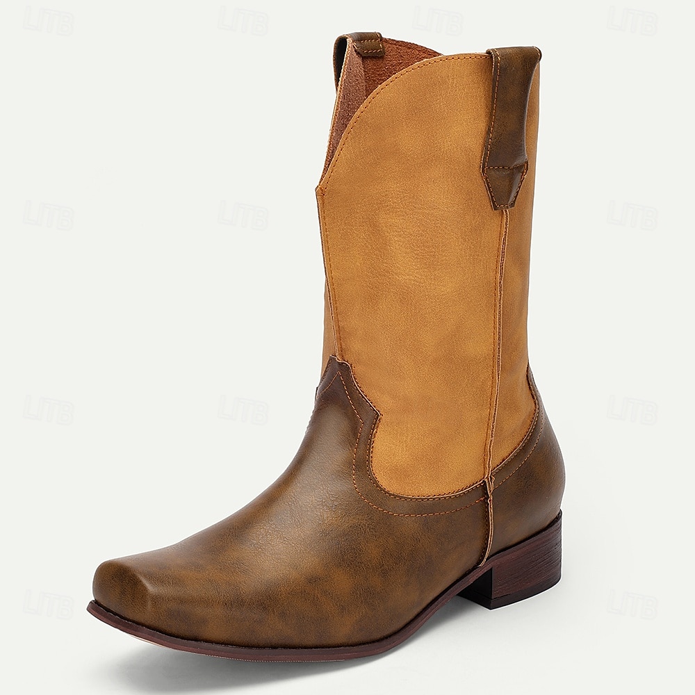 stivali da cowboy western da uomo – stivali in similpelle marrone chiaro in stile vintage a metà polpaccio con punta quadrata, ideali per l'outdoor e l'abbigliamento casual del 2025 a $64.99 –P5