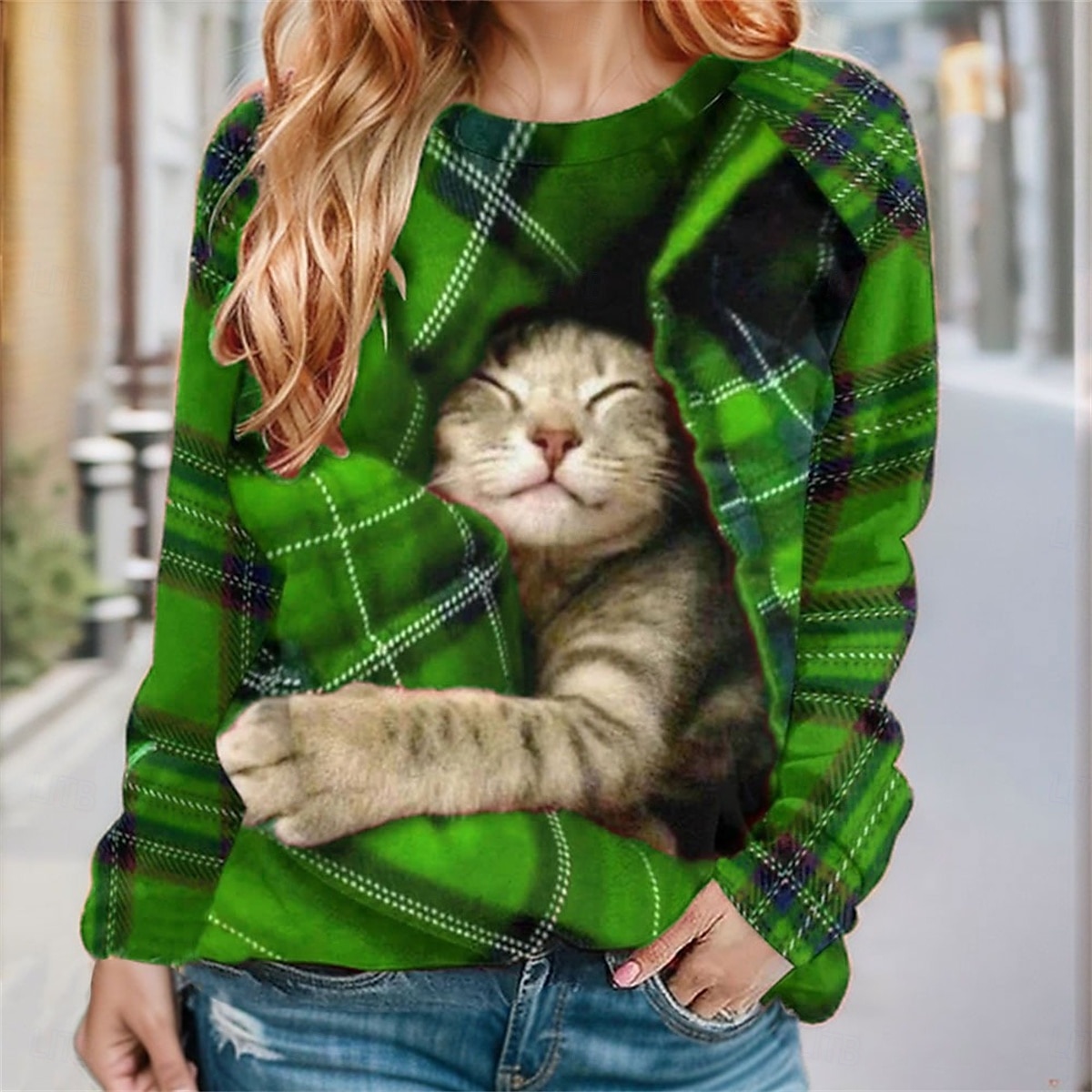 felpa da donna a quadri gatto strada abbigliamento quotidiano stampa casual girocollo manica lunga microelastico autunno inverno confortevole traspirante tessuto morbido del 2025 a $24.99 –P5