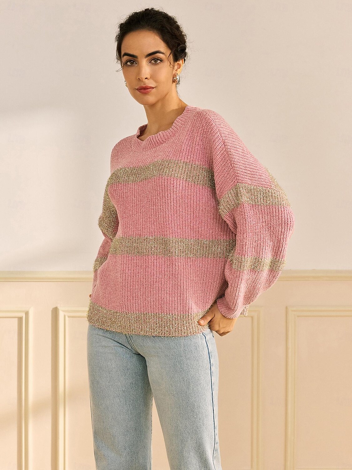 Per donna Felpa Girocollo A coste Maglia Ciniglia Manica normale Autunno inverno Informale Maglia Manica lunga Banda Rosa Rosso S M L del 2025 a $69.99 -P12
