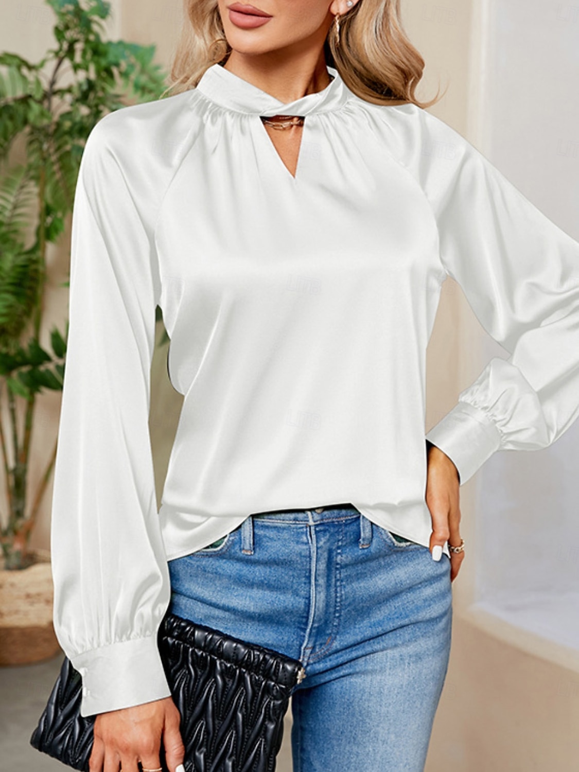 Per donna Camicia Elegant Elegante Raso/Satin Tinta unica Signore Elegante Manica Lunga Scollo a V Top Regolari Feste Lavoro Nodo attorcigliato Nero Bianco Verde Cachi Autunno Inverno del 2025 a $34.99 –P11