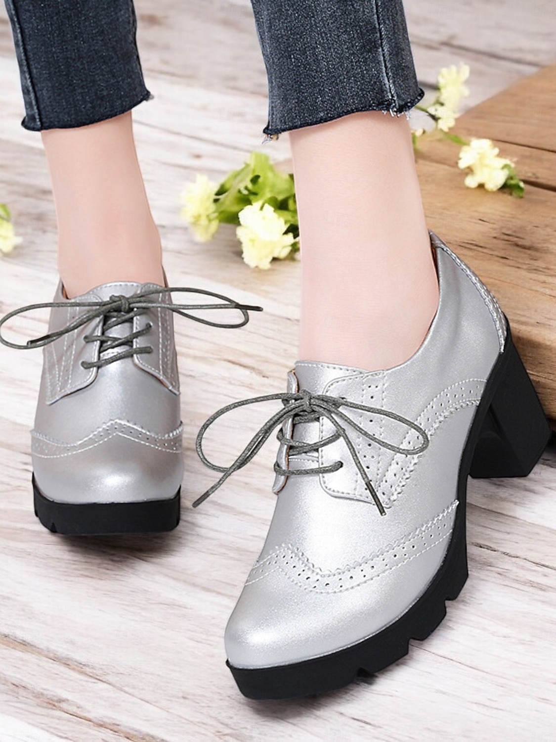 női világoskék fűzős brogue vaskos sarkú oxford cipő – vintage ihletésű platformsarkú hétköznapi és irodai viselethez 2025 - $54.99 –P4