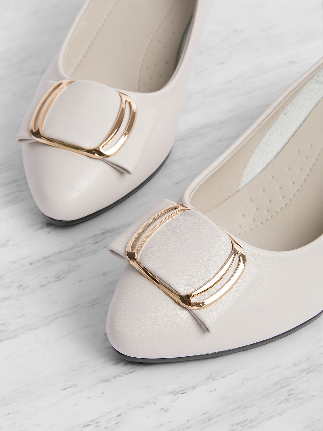Women's Beige Low Block Heel Pumps with Gold Buckle and Flexible Sole – Comfortable Slip-On Shoes for Office and Formal Wear 2025 - $42.99 –P2
