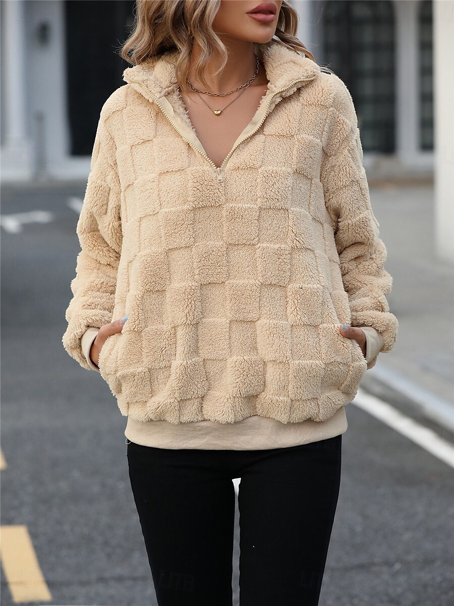 dames sweatshirt casual sherpa fleece effen straat dagelijks gebruik coltrui rits lange mouw beige herfst winter 2025 - $52.99 –P7
