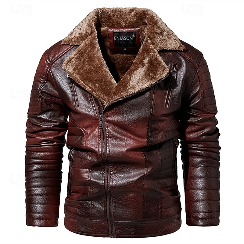 Herr Imitationsläderjacka Fleece-jacka Bikerjacka Motorcykeljacka Dagligen Semester Vindtät Håller värmen Ficka Höst vinter Slät Mode Klassisk Kavajslag Normal Svart Rubinrött Brun Kaffe Jacka 2025 - $86.99 –P10