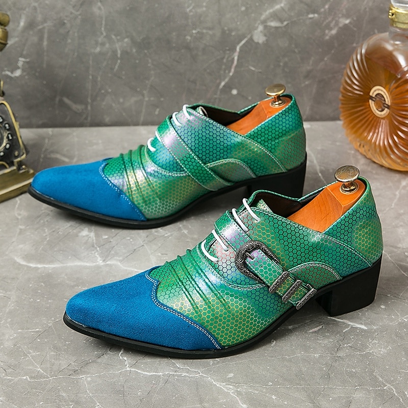 férfi irizáló csatos pántos oxford cipő kék velúr orrral és kígyó pikkelymintás műbőr – merész vintage stílusú hegyes orrú ruhacipő 2025 - $54.99 –P2