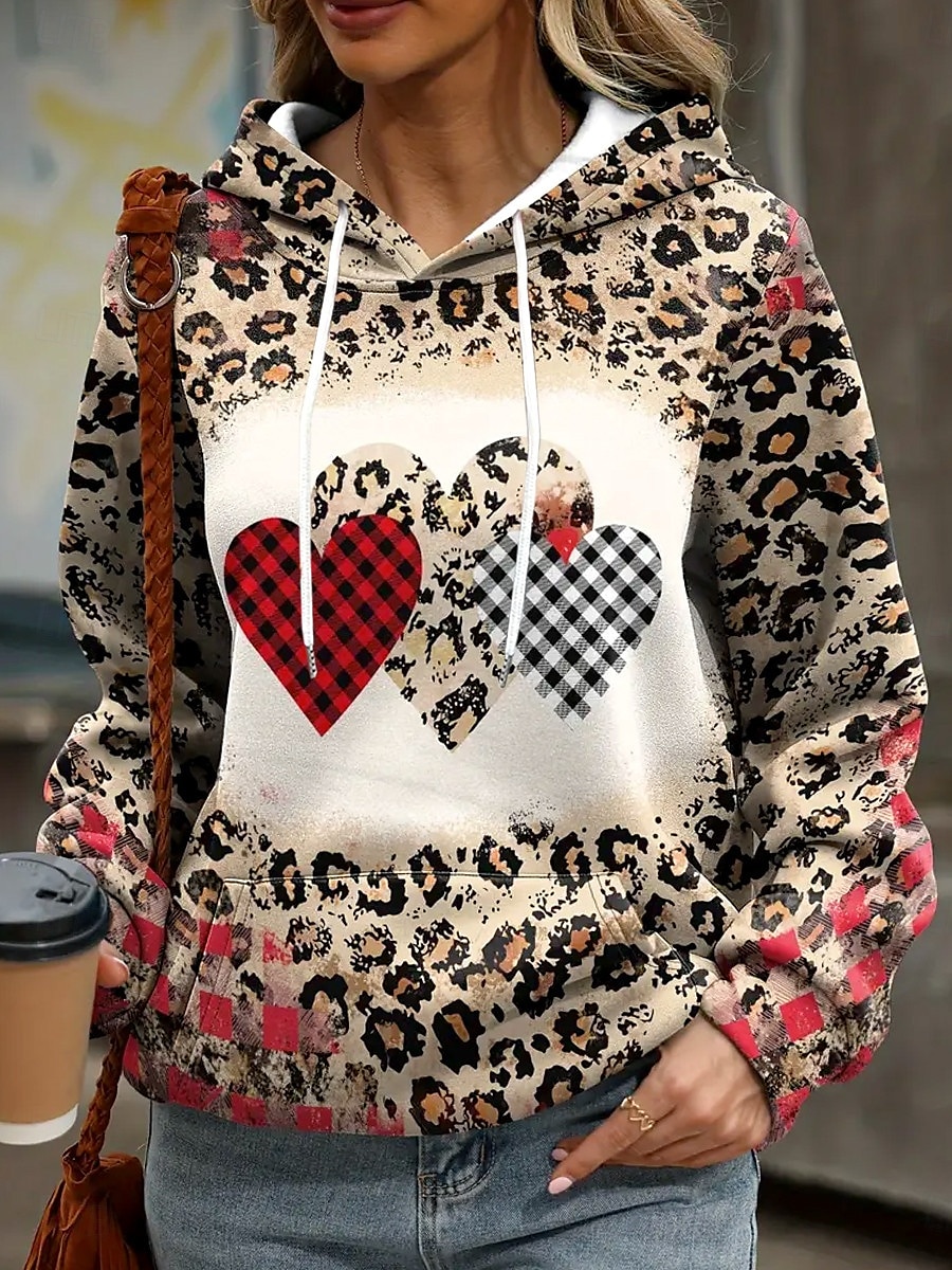 dame hettegenser sweatshirt hjerte leopard street dailywear lommetrykk tilfeldig hettegenser langermet mikroelastisk høst vinter komfort pustende mykt stoff 2025 - $31.99 –P3