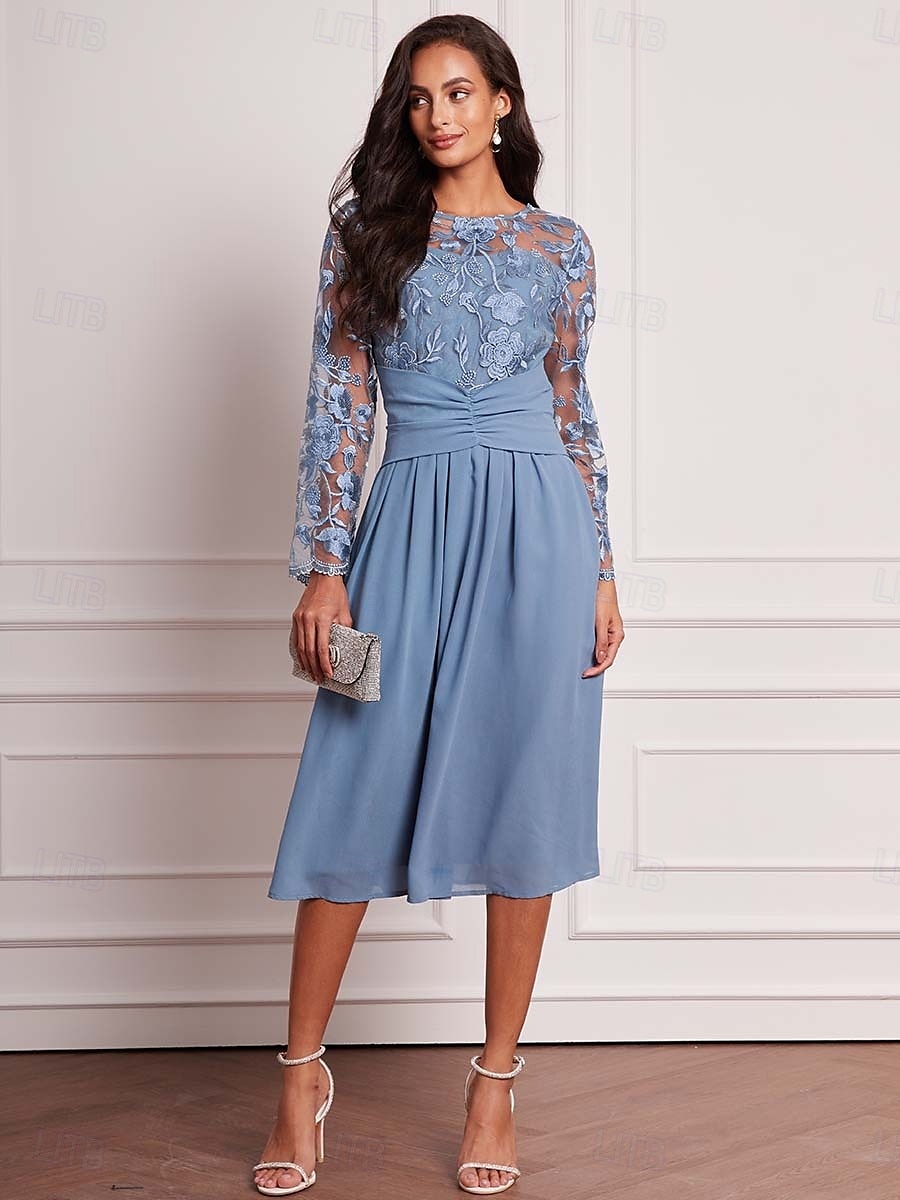 Damen-Hochzeitsgastkleid, Vintage-Kleid, Midikleid, gerüschtes Netz, elegante Cocktailkleider, lässig, Rundhalsausschnitt, lange Ärmel, blaue Farbe 2025 - $49.99 –P2