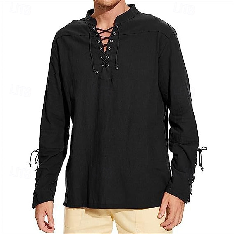 Men's Shirt Linen Shirt Popover Shirt Casual Shirt Cotton Shirt Plain Streetwear Vacation White Wine Navy Blue Brown Long Sleeve Stand Collar Spring &  Fall Clothing Apparel Lace up 2026 - $28.99 –P9