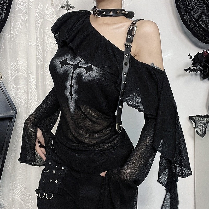 Punk & goottilainen Läpinäkyvä neulottu toppi Gootti tyttö Olkaimeton Risti Naamiaispuku Naisten Halloween Karnevaali Aikuisten Toppi 2025 - $29.99 –P2