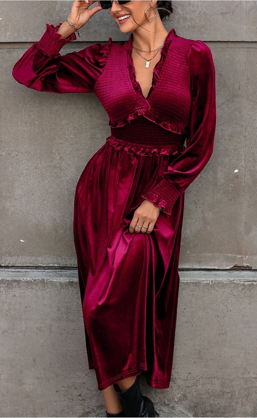 Women's Maxi Dress Velvet Burgundy Long Sleeve V-Neck Elastic Waist  Bohemian Evening Party Fall Winter Clothing Apparel Elegant 2026 - $41.99