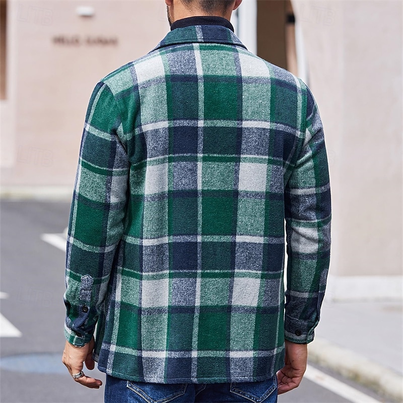 2025年 男性用 シャツ フランネルシャツ オーバーシャツ チェック アウトドア ストリート ブラック ルビーレッド オレンジ ブラウン 長袖 冬 春 & 秋 衣類  コレクション – $28.99 –P2