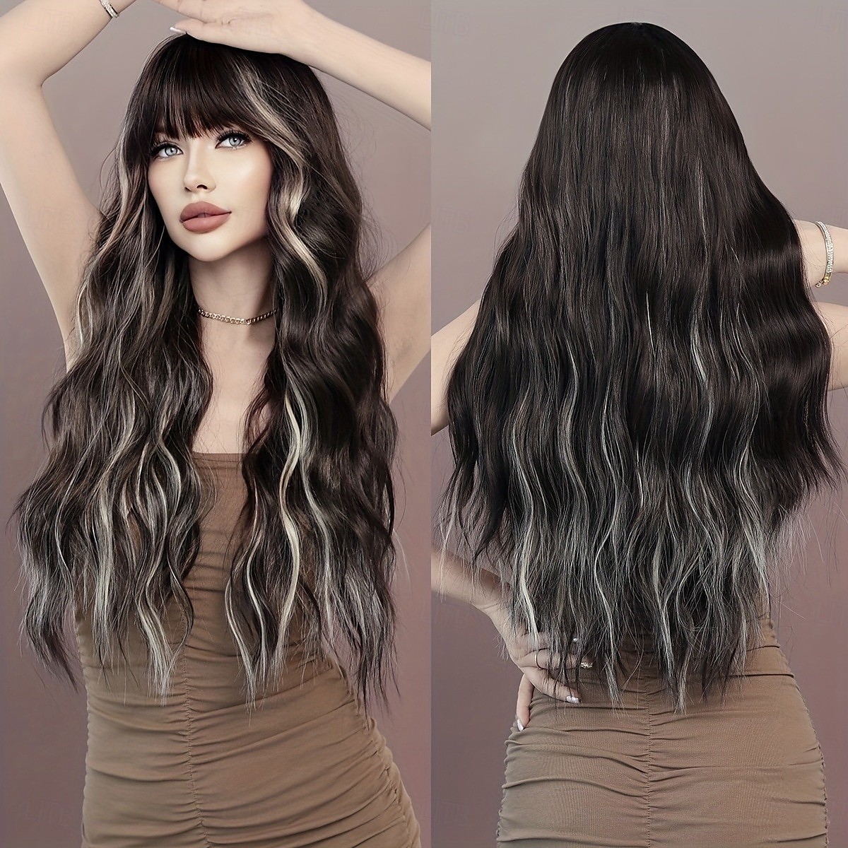 lange golvende haar pruik met pony voor vrouwen dagelijks feest ombre pruiken synthetische hittebestendige vezel 2025 - $19.99 –P8