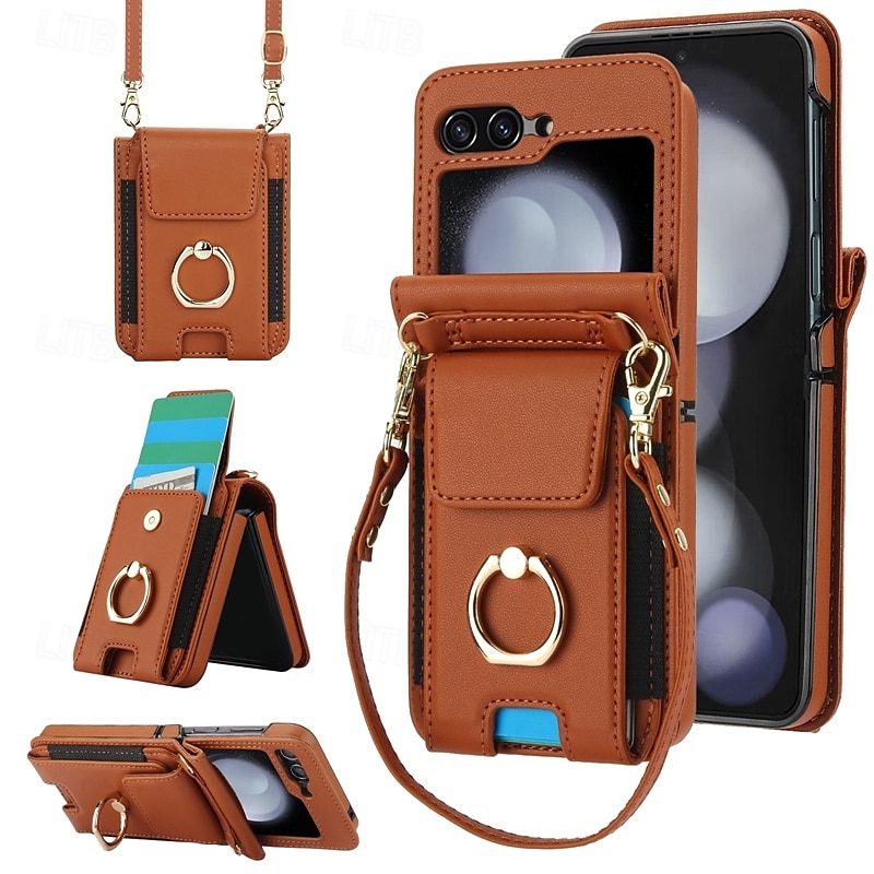 Phone Case For Samsung Galaxy Z Flip 7 Z Flip 6 Z Flip 5 Z Flip 4 Z Flip 3 Back Cover Ring Holder with Lanyard with Wrist Strap Retro TPU PU Leather 2025 - $29.99 –P8