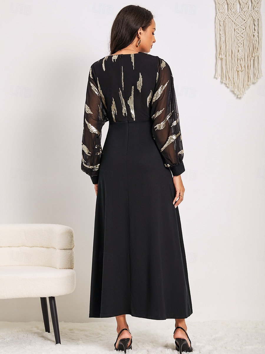 Women's Long Dress Sheer Feather Print Sleeves V-neck Black Festive Party Elegant Maxi Winter Fall Clothing Apparel 2025 - $99.99 –P9