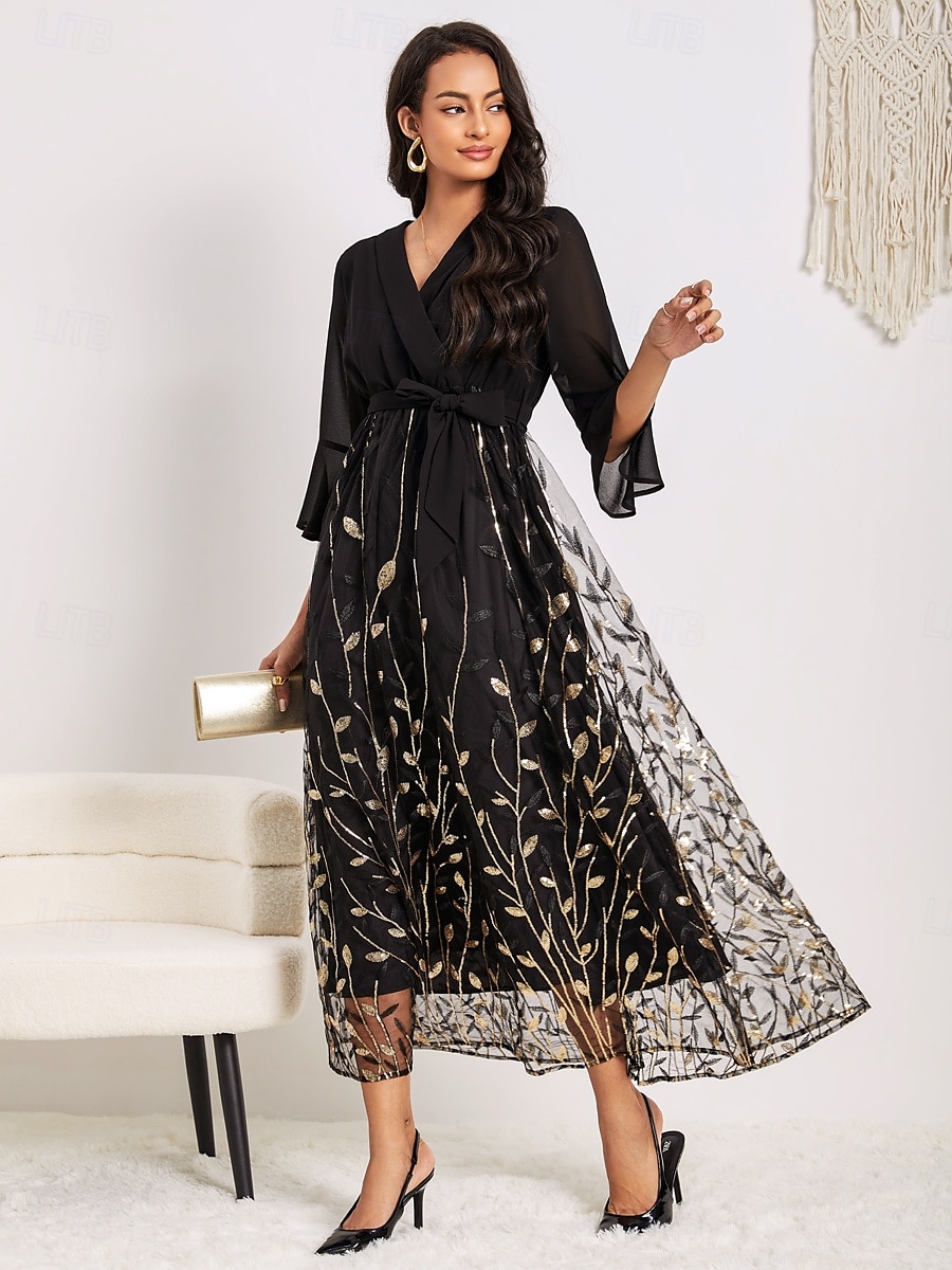 rochie midi de damă cu decolteu în V cu mânecă lungă cu model de ramuri aurii pur cu curea elegantă petrecere seară aur negru mărime întreagă 2025 - $99.99 –P5