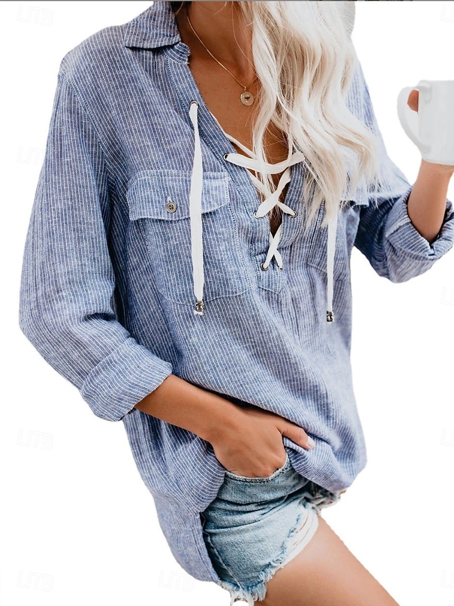 Women's Shirt Blouse Solid Color Casual Long Sleeve Shirt Collar Regular Tops Daily Lace up Pocket Blue Fall 2025 - $29.99 –P2