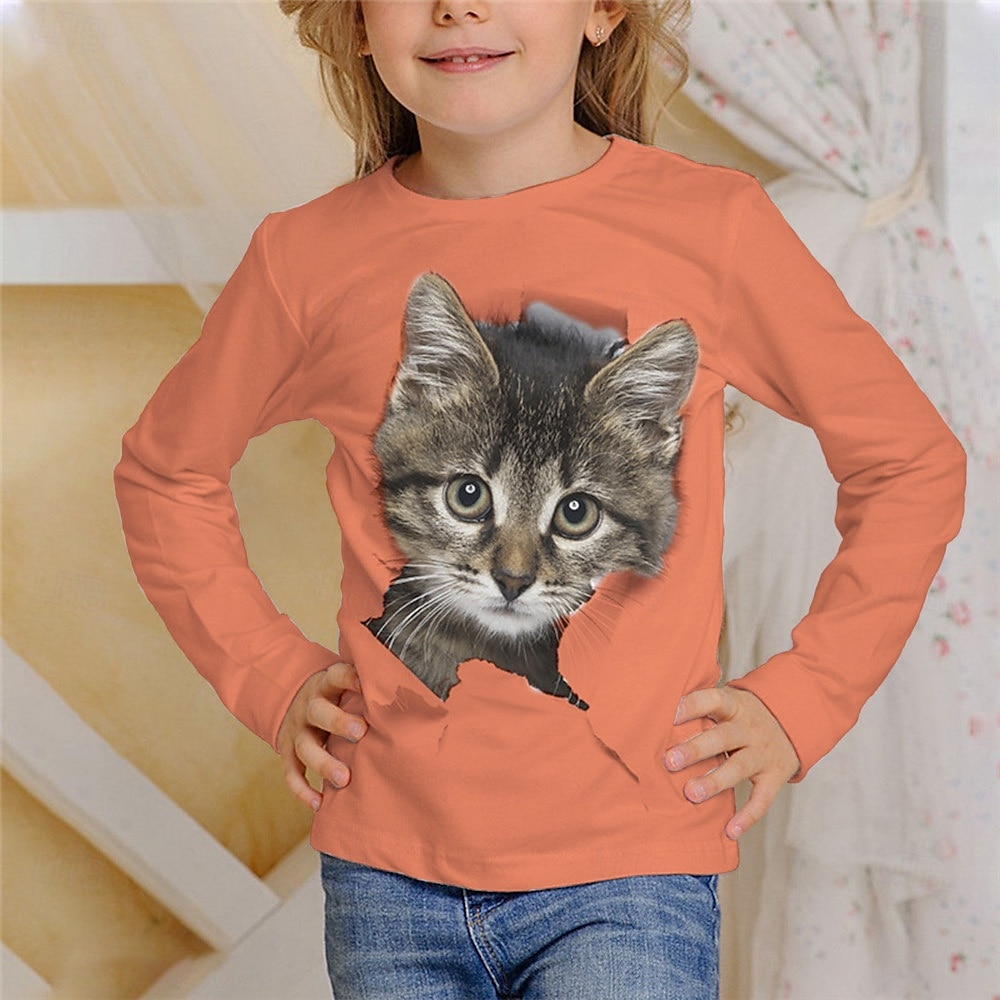 Flickor 3D Grafisk Djur Katt T-shirt Långärmad Vår Höst Mode Grundläggande Barn 4-12 år Rund hals Utomhus Ledigt Dagligen Normal 2025 - $13.99 –P1