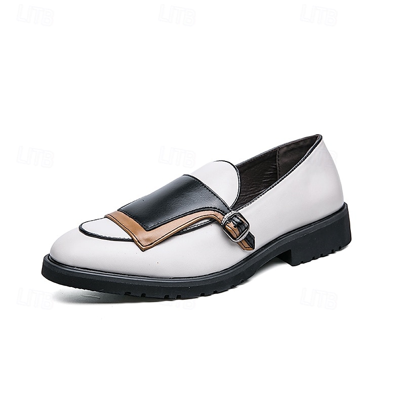 miesten kaksisävyiset tekonahkahousut, joissa solkiyksityiskohta, valkoinen, musta ja ruskea colorblock-design – tyylikkäät mekkokengät, joissa vankka pohja 2025 - $54.99 –P1