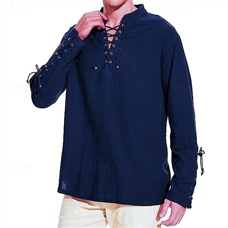 Men's Shirt Linen Shirt Popover Shirt Casual Shirt Cotton Shirt Plain Streetwear Vacation White Wine Navy Blue Brown Long Sleeve Stand Collar Spring &  Fall Clothing Apparel Lace up 2026 - $28.99 –P14