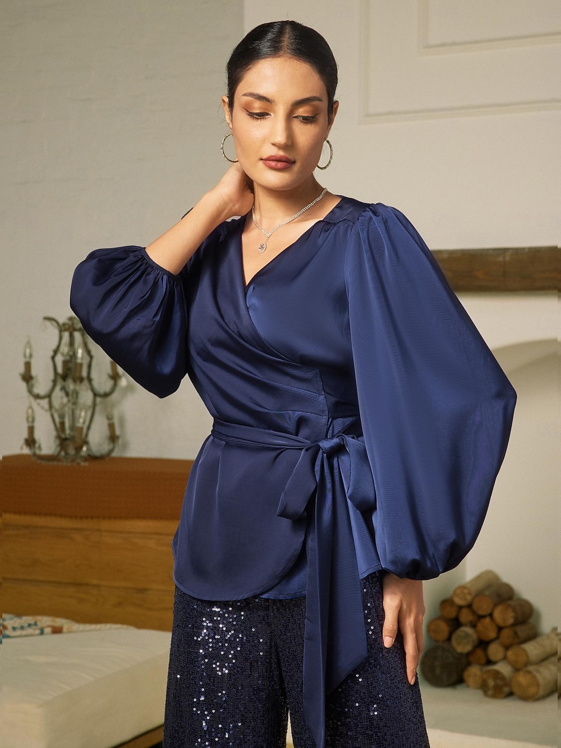 μπλούζα σατέν μασίφ casual juliet μανίκι γραβάτα μπροστά 2025 - $72.99 –P5