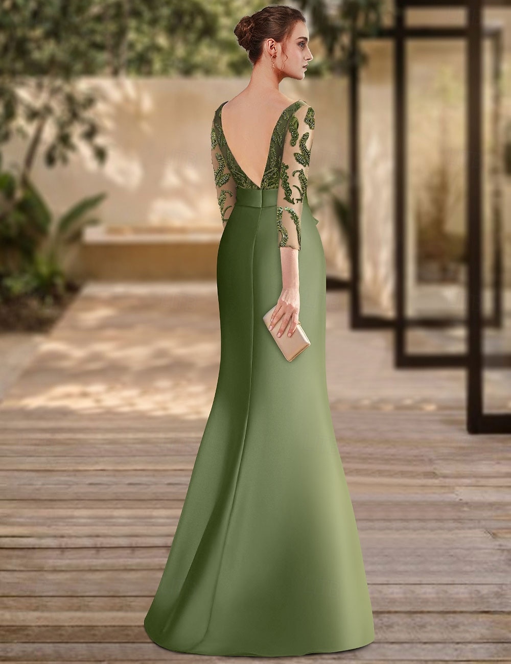 Green Mermaid Evening Gown Elegant Dress Formal Floor Length 3/4 Length Sleeve Illusion Neck Satin with Appliques 2025 - $188.99 –P2