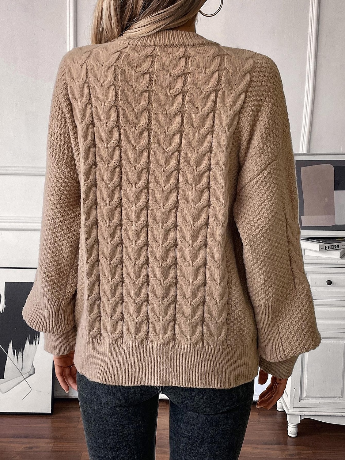 Dame Genser Mote Daglig Fritid Helfarge Kabel Crew-hals Strikket Lanterne Erme Langermet Lange topper Strikke Arbeid Hvit Lysebrun Høst Vinter 2025 - $47.99 –P2