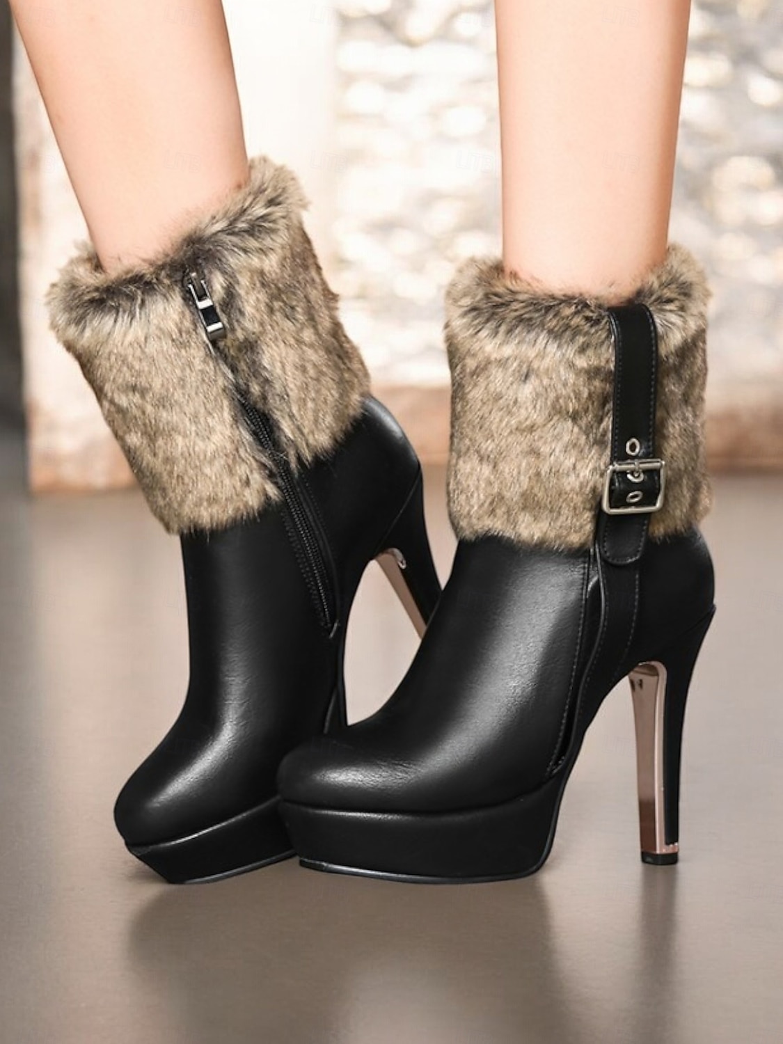 női piros magassarkú szőrme díszítésű karácsonyi csizma platform és csat részlettel – ünnepi téli ünnepi cipő 2025 - $69.99 –P2