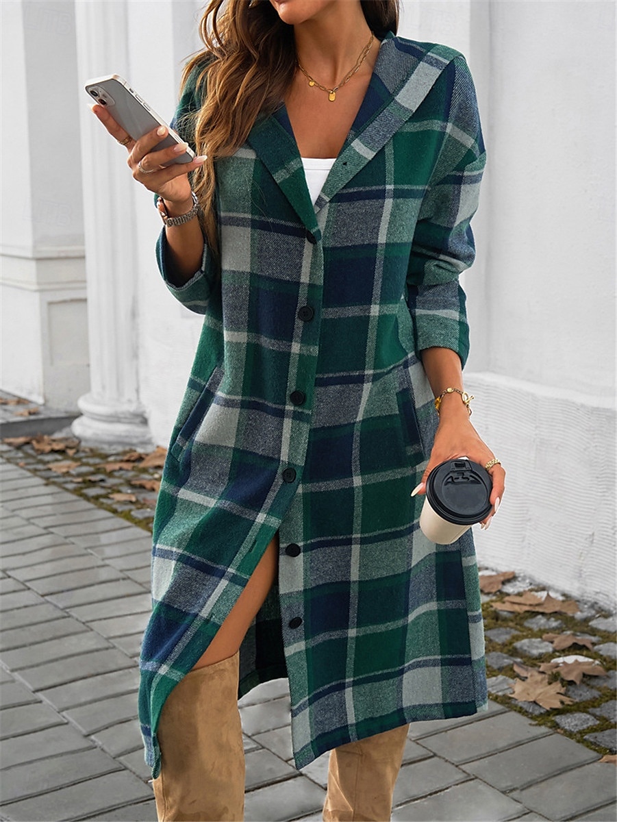Per donna Giacca con cappuccio Esterno Strada Da tutti i giorni Autunno Inverno Lungo Cappotto Standard Tenere al caldo Traspirante Moda Informale Giacca Manica lunga Righe e Plaid Con tasche Stampa del 2025 a $38.99 –P6