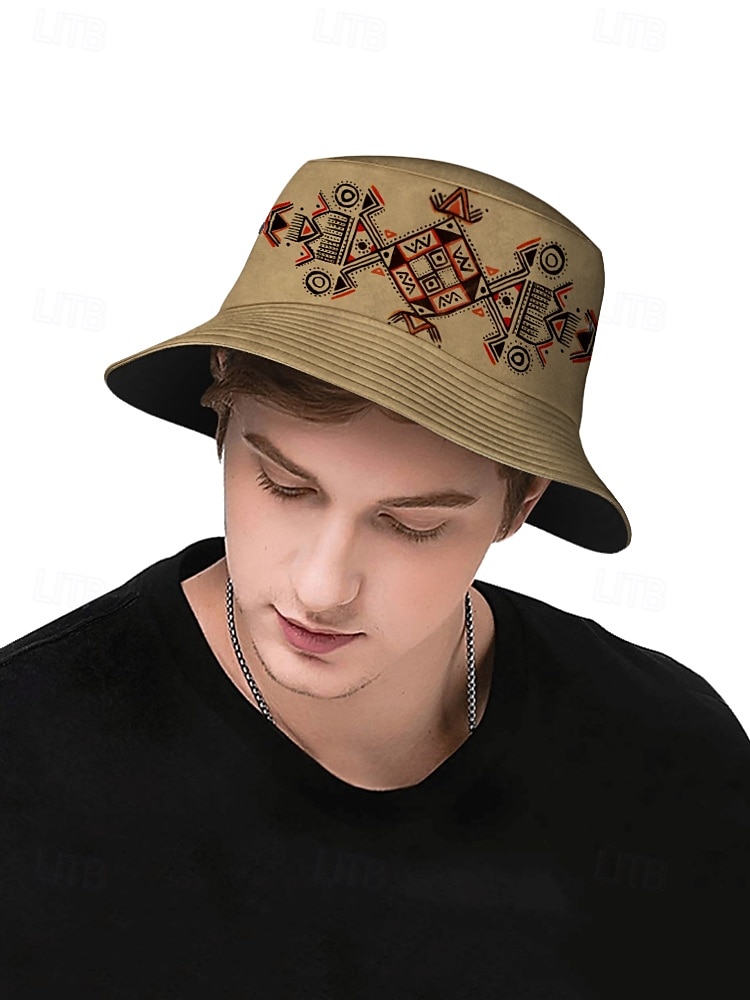 pánský béžový bucket klobouk s etnickým geometrickým potiskem - stylový letní klobouk pro outdoorové dobrodružství a festivaly 2025 - $18.99 –P1