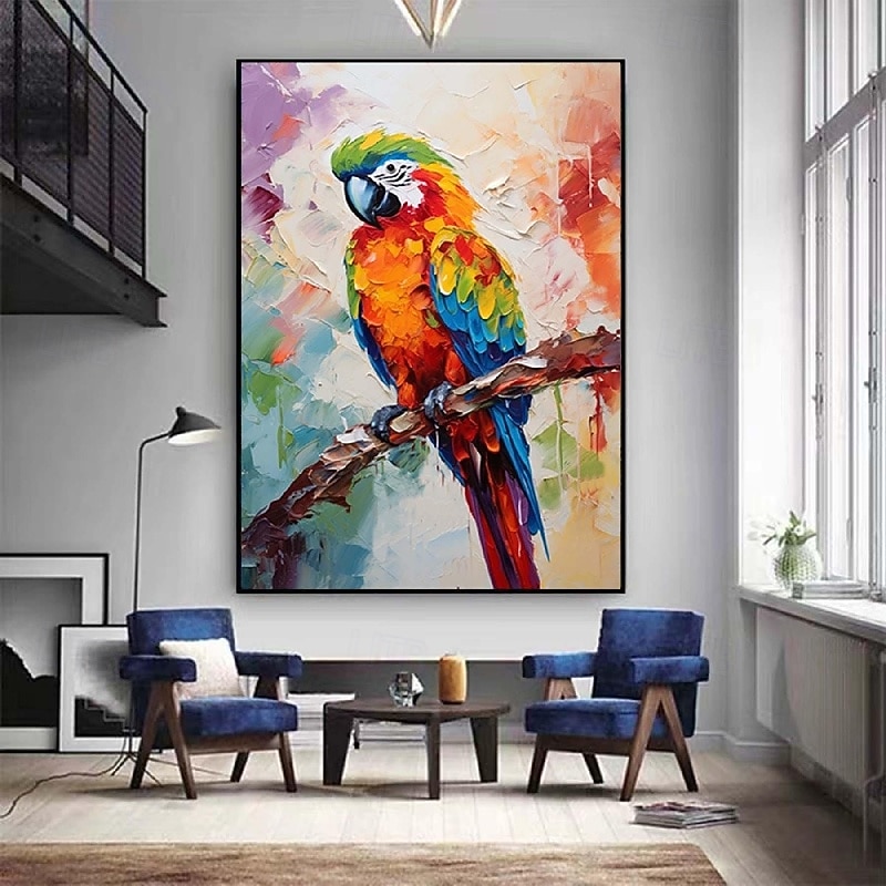 Pintura de loro con espátula grande, pintura al óleo de animales con textura abstracta hecha a mano de gran tamaño, arte de pared, hermosa pintura de pájaros, decoración de pared de sala de estar, 2026 - $119.99 –P4