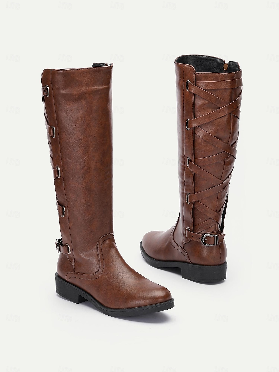 Botas de moto negras para mujer con cordones laterales y detalle de hebilla: elegantes botas de montar hasta la rodilla 2025 - $54.99 –P4