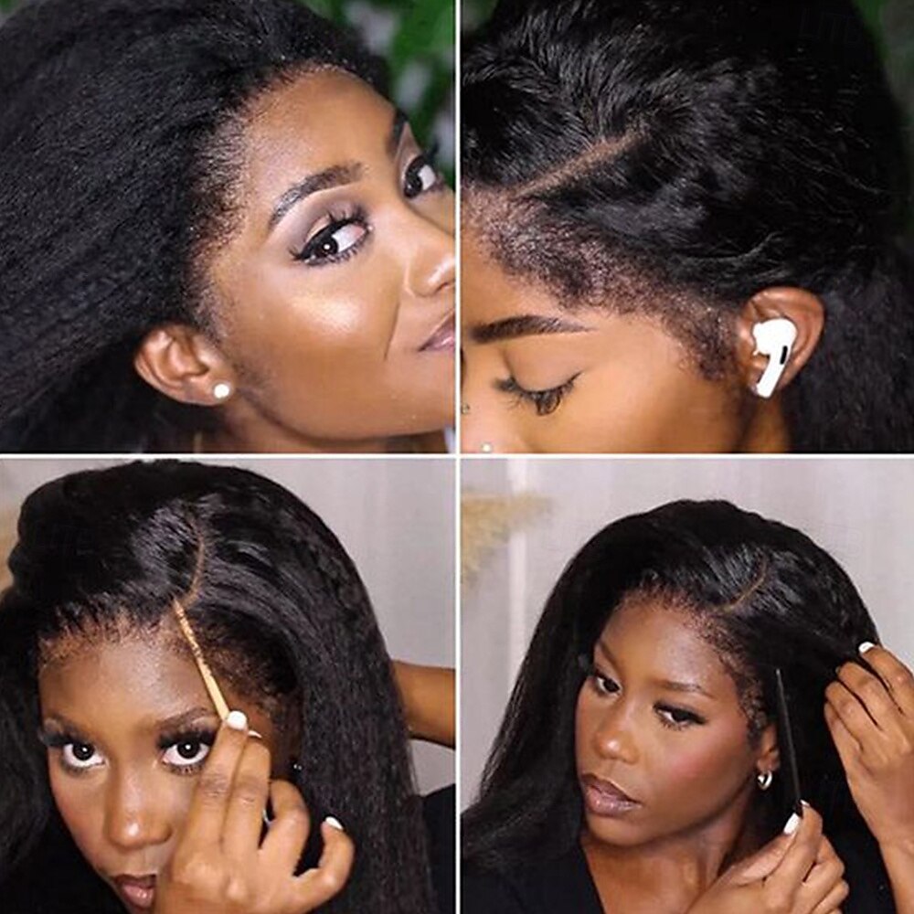 Perruque Cheveux Naturel Rémy 13x4 devant en dentelle Cheveux Brésiliens Bouclé Yaki Droite Noir Partie libre Avec queue de cheval perruques pour femmes noires Densité 180% avec des cheveux de béb de 2025 ? $239.79 –P3