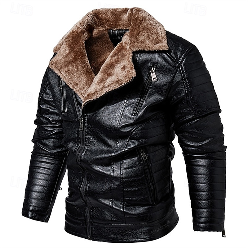 Herr Imitationsläderjacka Fleece-jacka Bikerjacka Motorcykeljacka Dagligen Semester Vindtät Håller värmen Ficka Höst vinter Slät Mode Klassisk Kavajslag Normal Svart Rubinrött Brun Kaffe Jacka 2025 - $86.99 –P6