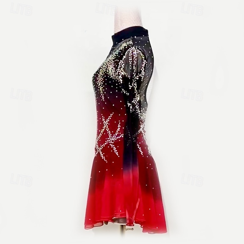 Kunstschaatsjurk Dames Voor meisjes Schaatsen Jurken Zwart / rood Lapwerk Netstof Hoge Elasticiteit Opleiding Wedstrijd Kunstschaatskleding Klassiek Kristal / Bergkristal Lange mouw Schaatsen 2025 - $174.99 –P5