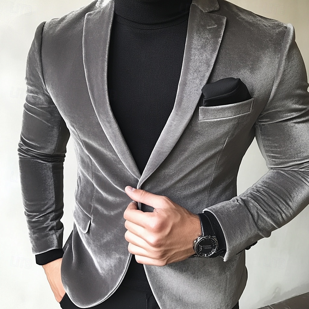 Chaqueta de hombre de terciopelo abrigo deportivo blazer moda casual en color sólido gris de ajuste estándar de un solo botón 2025 - $74.99 –P1
