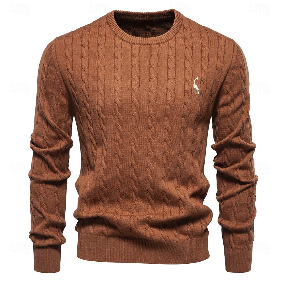 maglione da uomo in cotone con ricamo giraffa, girocollo, classico pullover lavorato a maglia con motivo a torsione per uomo del 2025 a $41.99 –P11