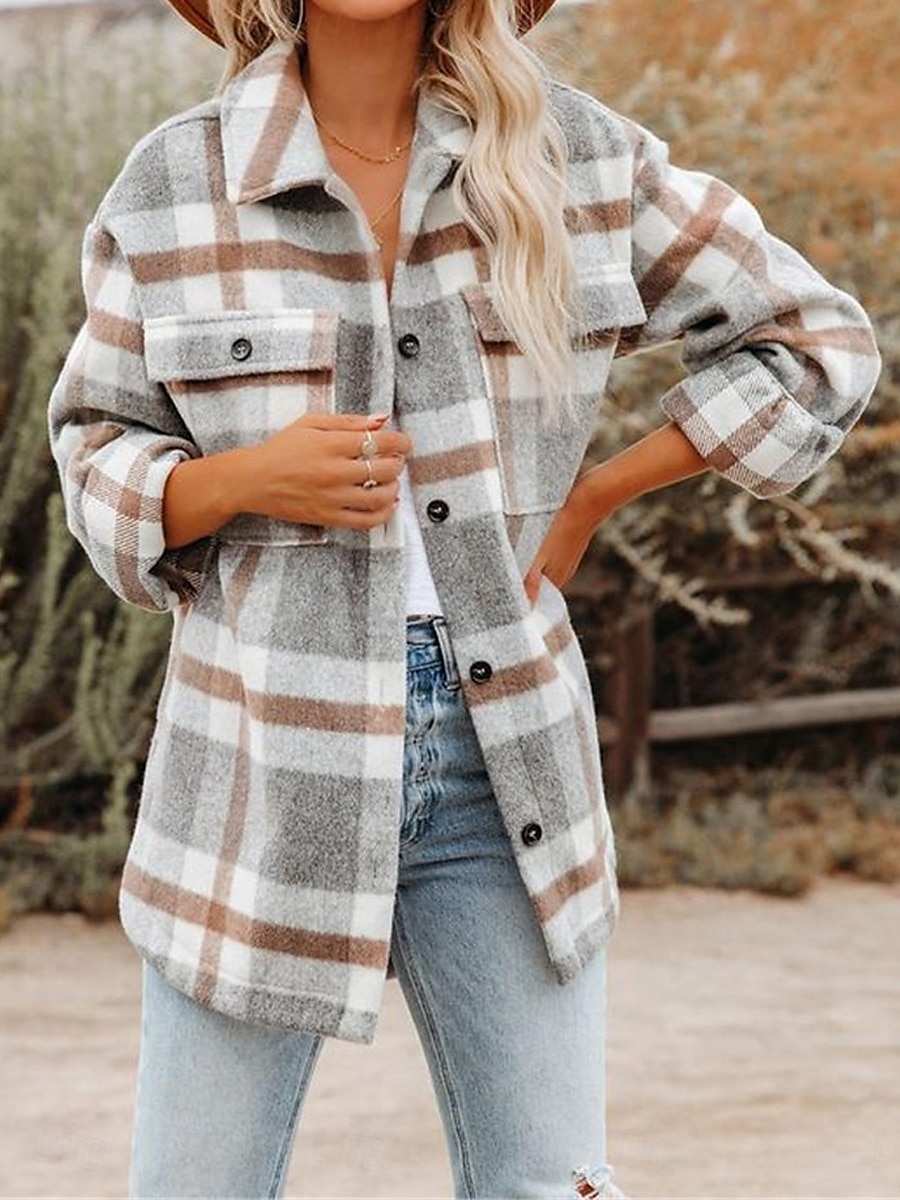 Women's Shirt Jacket Shacket Warm Breathable Buttons Pocket Print Casual Plaid Vacation Street Daily Wear Going out Single Breasted Regular Turndown Regular Fit Long Sleeve Outerwear Black Khaki 2025 - $47.99 –P2