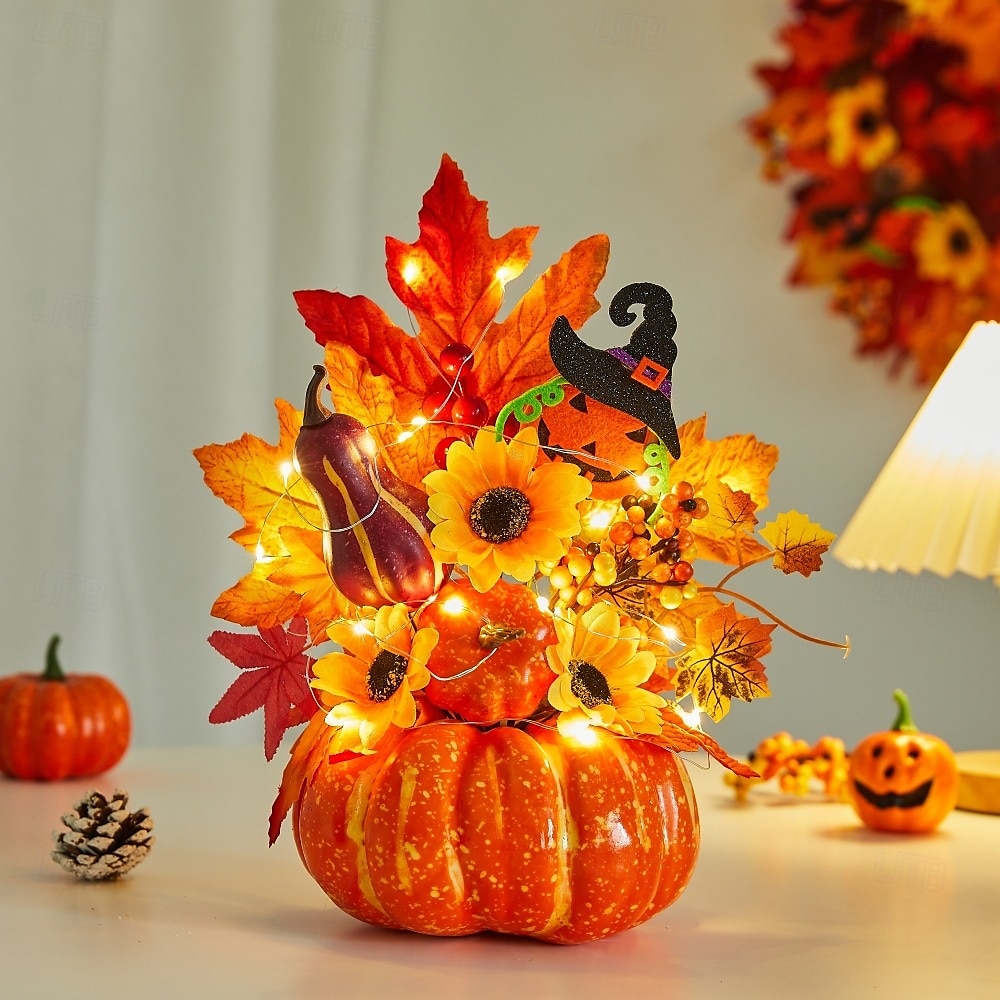 enfeite de mesa de outono de Halloween com abóbora falsa, folhas de bordo e luz LED para o festival da colheita de outono, decoração de cena assustadora de Halloween para casa e festa de outono de 2025 por $20.99 –P10