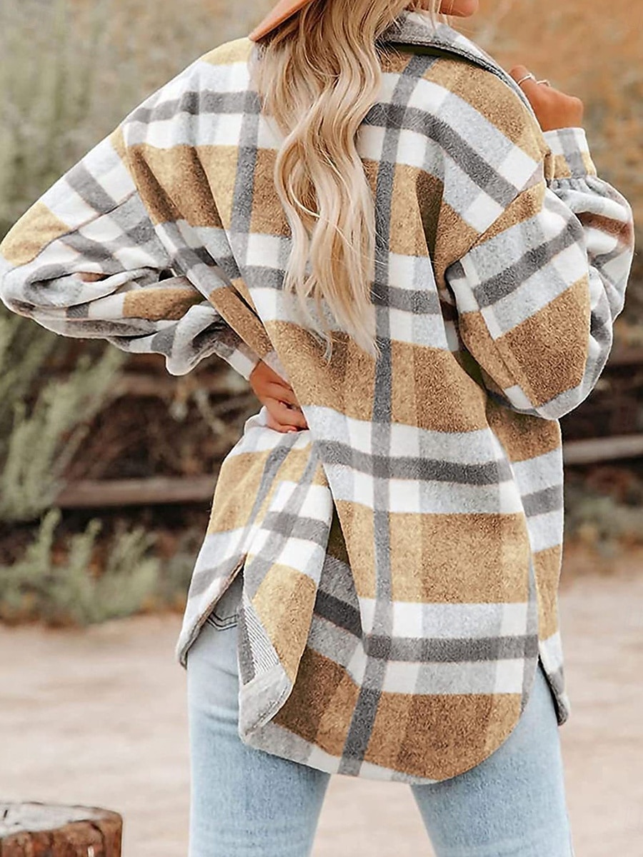 Women's Shirt Jacket Shacket Warm Breathable Buttons Pocket Print Casual Plaid Vacation Street Daily Wear Going out Single Breasted Regular Turndown Regular Fit Long Sleeve Outerwear Black Khaki 2025 - $47.99 –P7