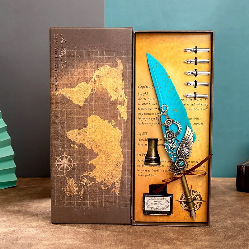 1 Set Geschenkbox, Federkiel, Kalligraphie-Stift und Tintenschreiber-Set, antikes Schreiben, Quilt-Tintenfeder, mechanisches Getriebe, Steampunk-Federkiel zum Zeichnen, Signieren und für 2025 - $28.99 –P9