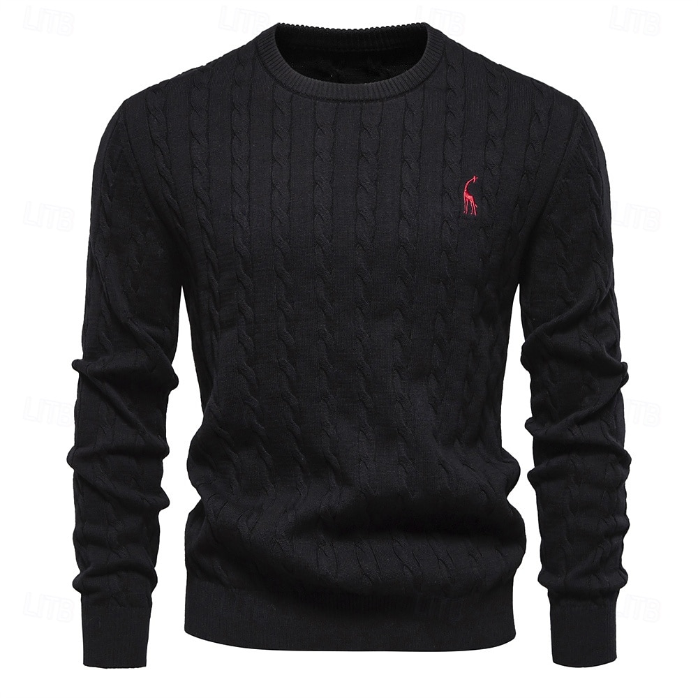 maglione da uomo in cotone con ricamo giraffa, girocollo, classico pullover lavorato a maglia con motivo a torsione per uomo del 2025 a $41.99 –P9