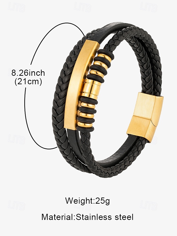 heren zwarte gevlochten imitatieleren armband met gouden magneetsluiting – moderne casual polsband met kralenaccenten, perfect voor dagelijks gebruik en als cadeau 2025 - $18.99 –P6