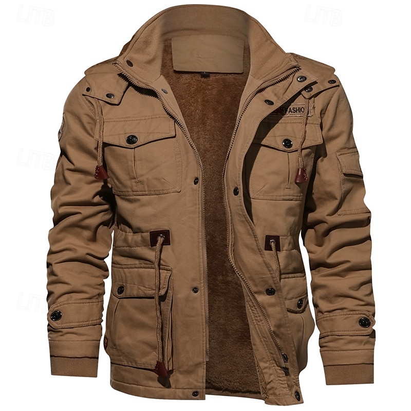 Herr Vinterjacka Fleece-jacka Vardaglig jacka Dagligen Semester Håller värmen Ficka Fleece Höst vinter Slät Mode Streetwear Huva Normal Svart Grön Kaki Jacka 2026 - $57.99 –P1