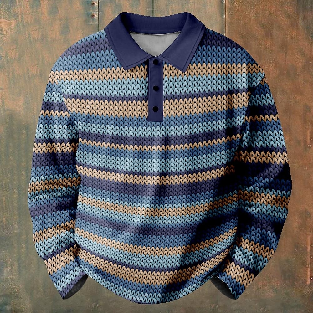 2025年 男性用 ライン/ウェイブ ポロシャツ Pullover 長袖 ポロシャツ カラー カジュアル 日常着 ボタン 3Dプリント 春 秋 冬 ブルー コレクション – $23.99 –P1
