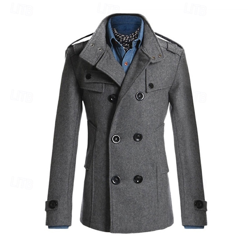 Herr Peacoat Trenchcoat Dagligen Semester Höst vinter Polyester Håller värmen Ytterkläder Kläder Mode Klassisk Slät Ficka Hög krage Dubbelknäppt 2025 - $48.99 –P9